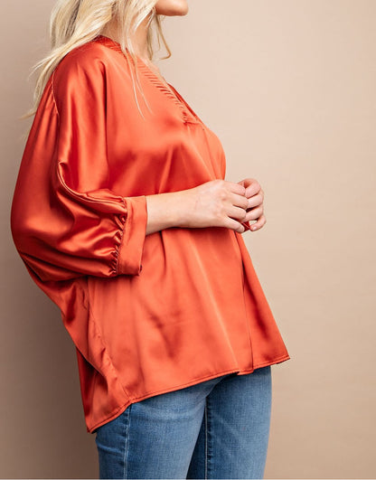 RUST SATIN V-NECK LOOSE FIT SHORT SLEEVE BLOUSE
