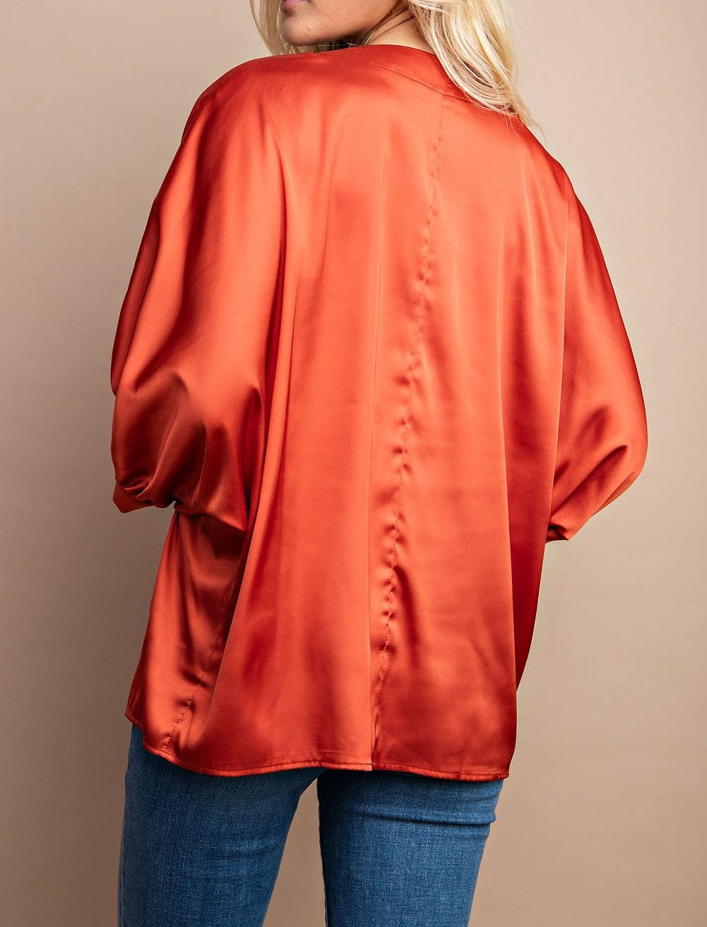 RUST SATIN V-NECK LOOSE FIT SHORT SLEEVE BLOUSE