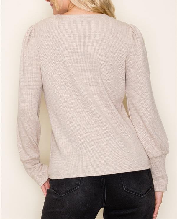 TAUPE LUREX THERMAL KNIT LONG PUFF SLEEVE TOP