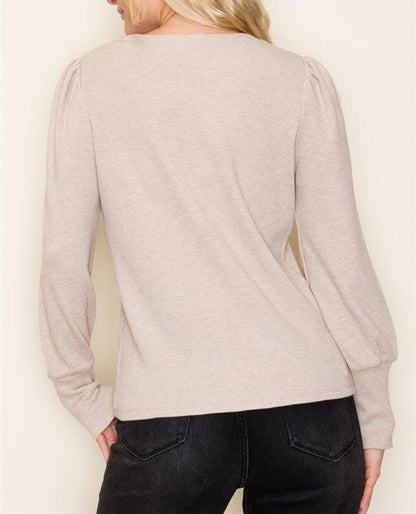 TAUPE LUREX THERMAL KNIT LONG PUFF SLEEVE TOP