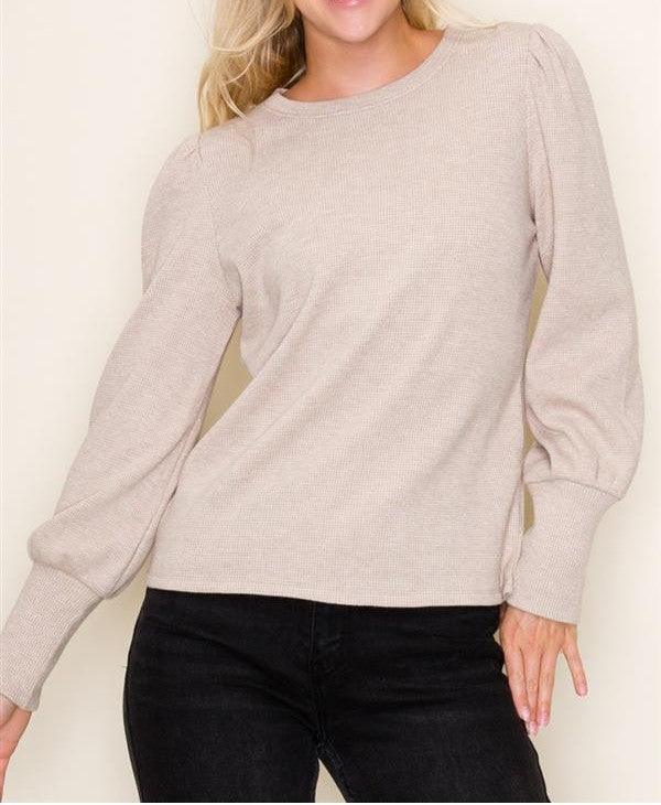 TAUPE LUREX THERMAL KNIT LONG PUFF SLEEVE TOP