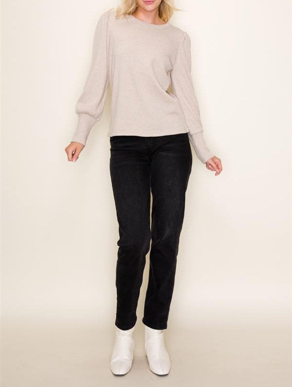 TAUPE LUREX THERMAL KNIT LONG PUFF SLEEVE TOP