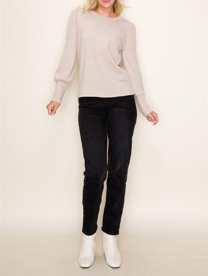 TAUPE LUREX THERMAL KNIT LONG PUFF SLEEVE TOP