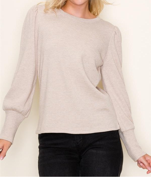 TAUPE LUREX THERMAL KNIT LONG PUFF SLEEVE TOP
