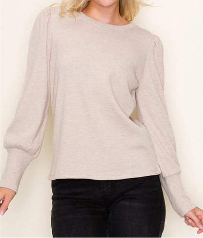 TAUPE LUREX THERMAL KNIT LONG PUFF SLEEVE TOP