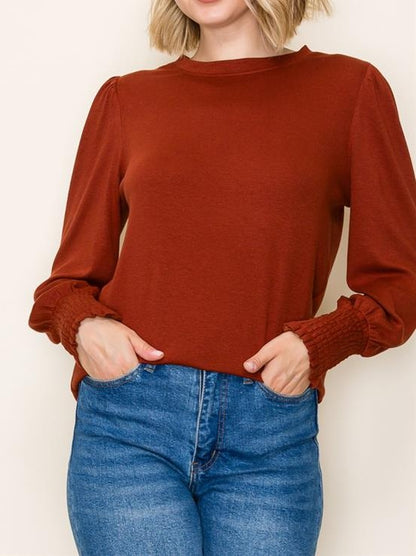 RUST LONG SMOCKED CUFF SLEEVE KNIT TOP