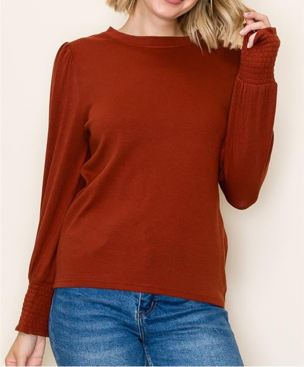 RUST LONG SMOCKED CUFF SLEEVE KNIT TOP
