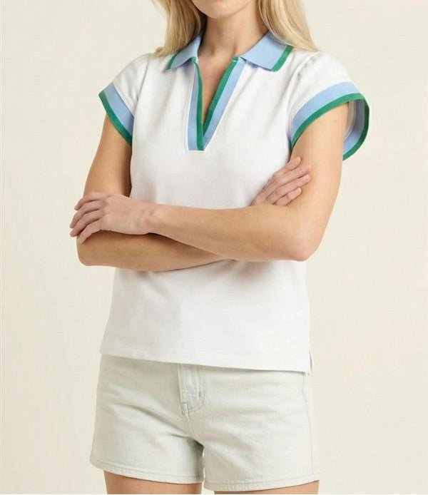 OFF WHITE/BLUE/GREEN CONTRAST BAND POLO TOP