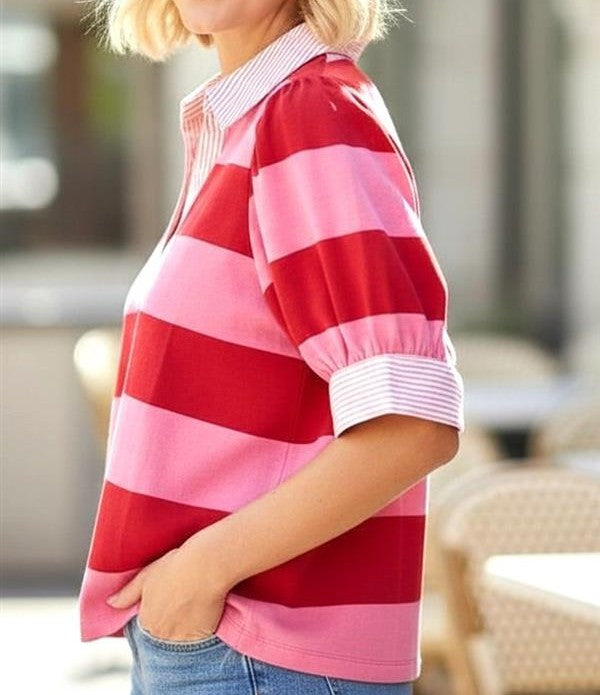 RED/PINK STRIPE CONTRAST PINSTIPE DETAIL HALF PUFF SLEEVE TOP