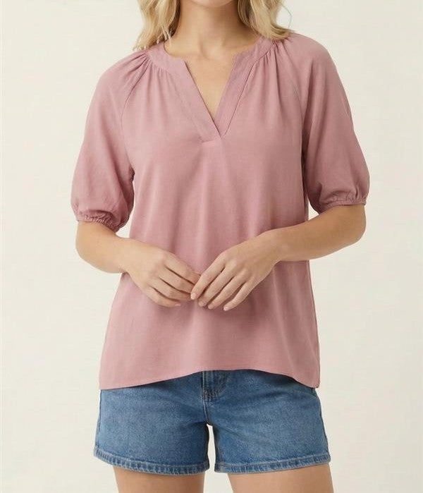 DARK MAUVE LINEN SPLIT V NECK SHORT PUFF SLEEVE TOP