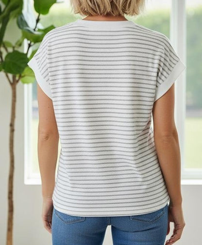IVORY/GREY STRIPED SPLIT NECK SHORT SLEEVE TERRY TOP