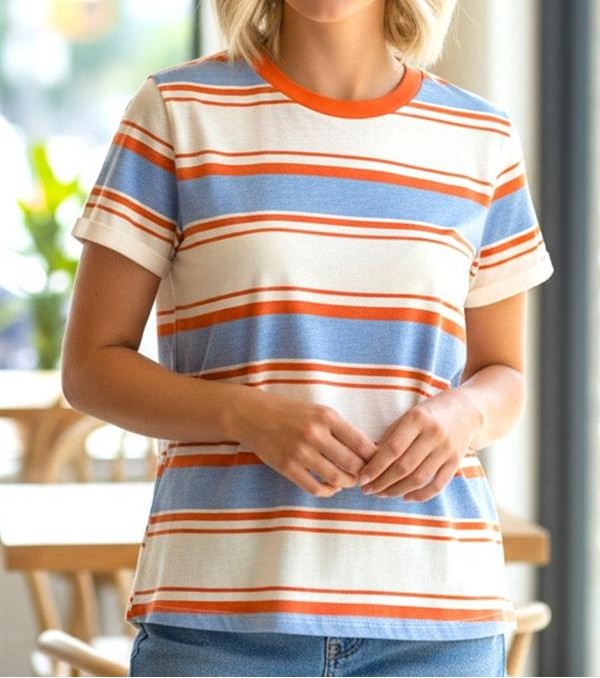 ORANGE/SKY BLUE STRIPE CREW NECK TOP