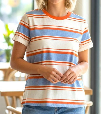 ORANGE/SKY BLUE STRIPE CREW NECK TOP