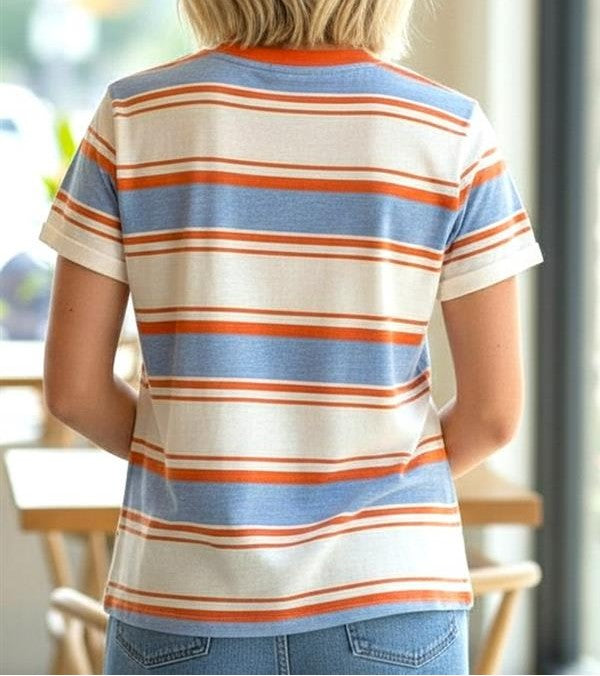 ORANGE/SKY BLUE STRIPE CREW NECK TOP