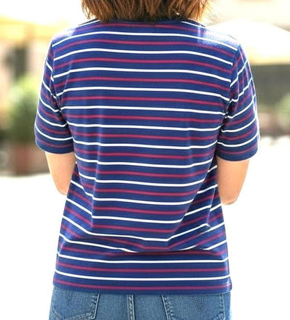ROYAL BLUE/WHITE/RED STRIPED COTTON SHORT SLEEVE TOP