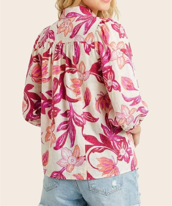 FUCHSIA FLORAL PRINT 3/4 BUBBLE SLEEVE BUTTON UP TOP