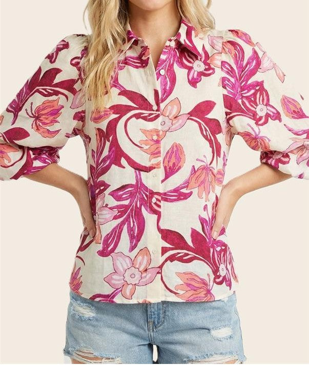 FUCHSIA FLORAL PRINT 3/4 BUBBLE SLEEVE BUTTON UP TOP
