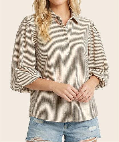 BROWN SEERSUCKER SRIPE 3/4 BALLOON SLEEVE BUTTON UP TOP
