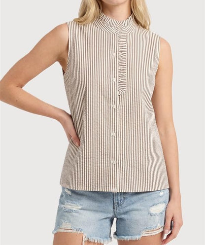 TAUPE STRIPED FRILL DETAIL SLEEVELESS BUTTON UP TOP