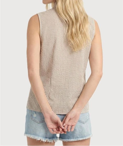TAUPE STRIPED FRILL DETAIL SLEEVELESS BUTTON UP TOP