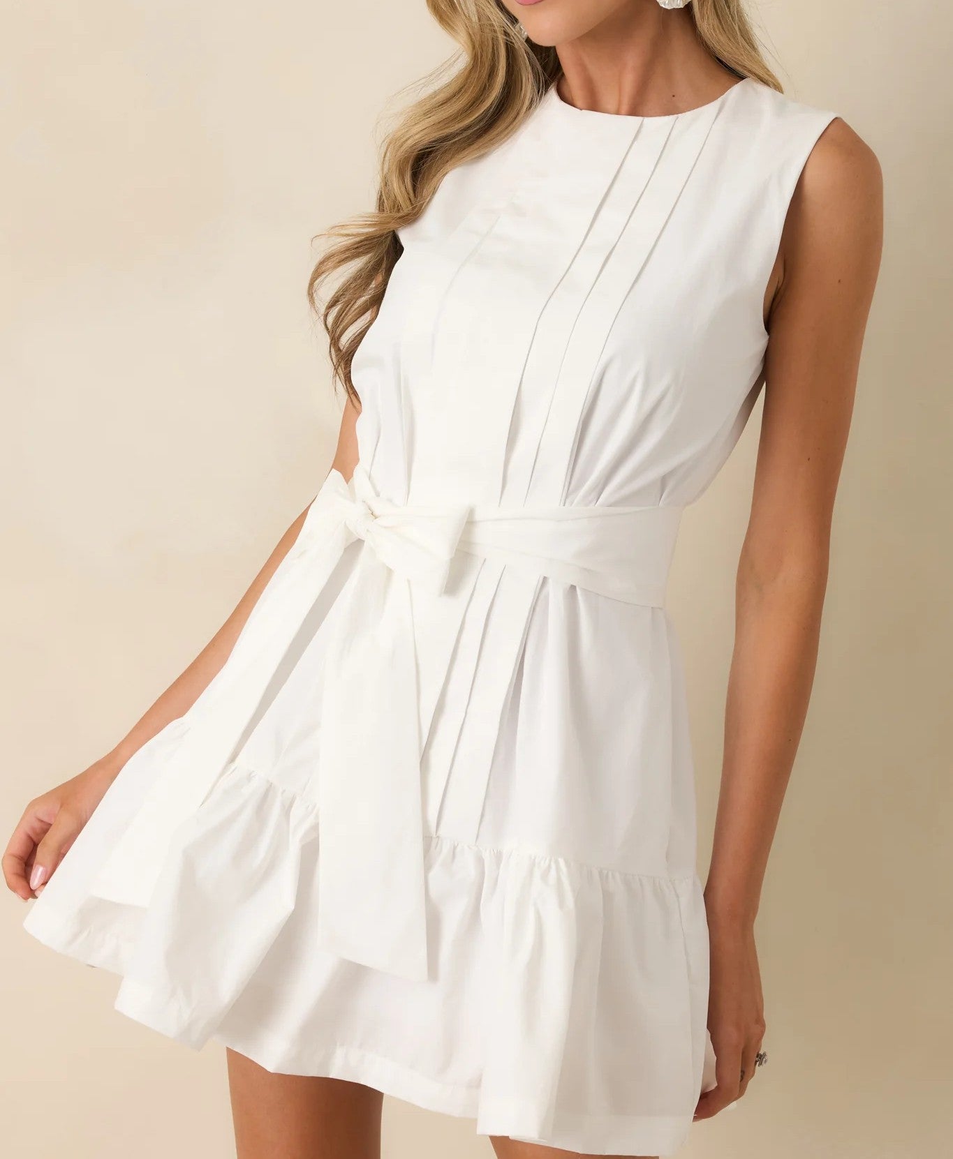 WHITE PLEATED COTTON QUINN MINI DRESS