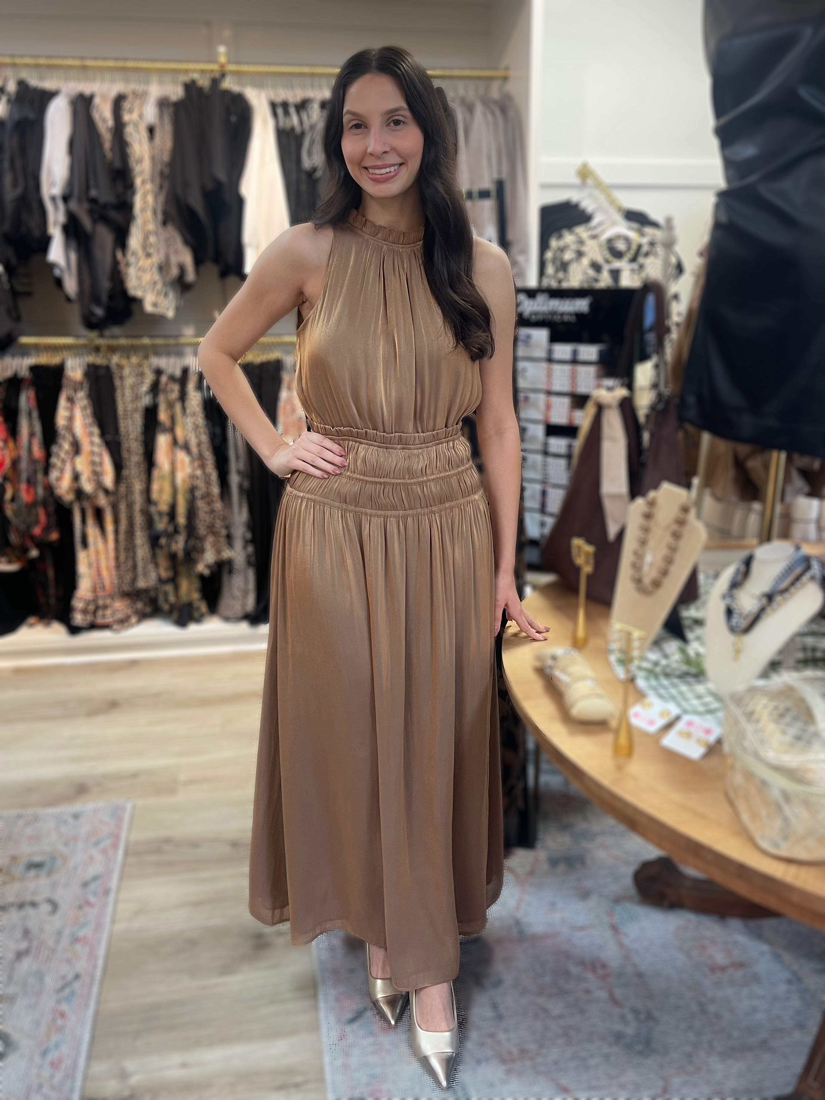 METALLIC GOLD SLEEVELESS SMOCKED WAIST MAXI DRESS