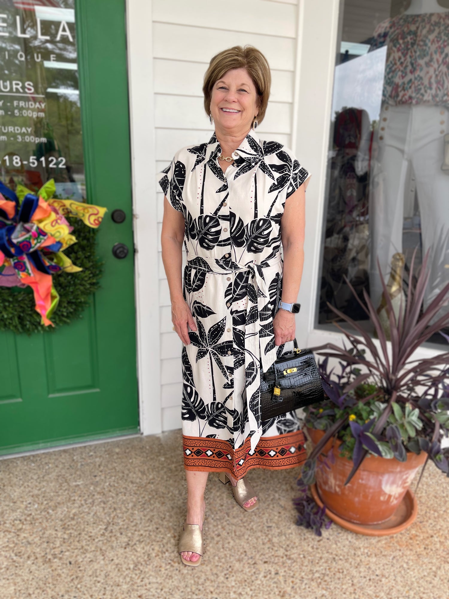 TAUPE MULTI TROPICAL PRINT COLLARED BUTTON UP MIDI DRESS