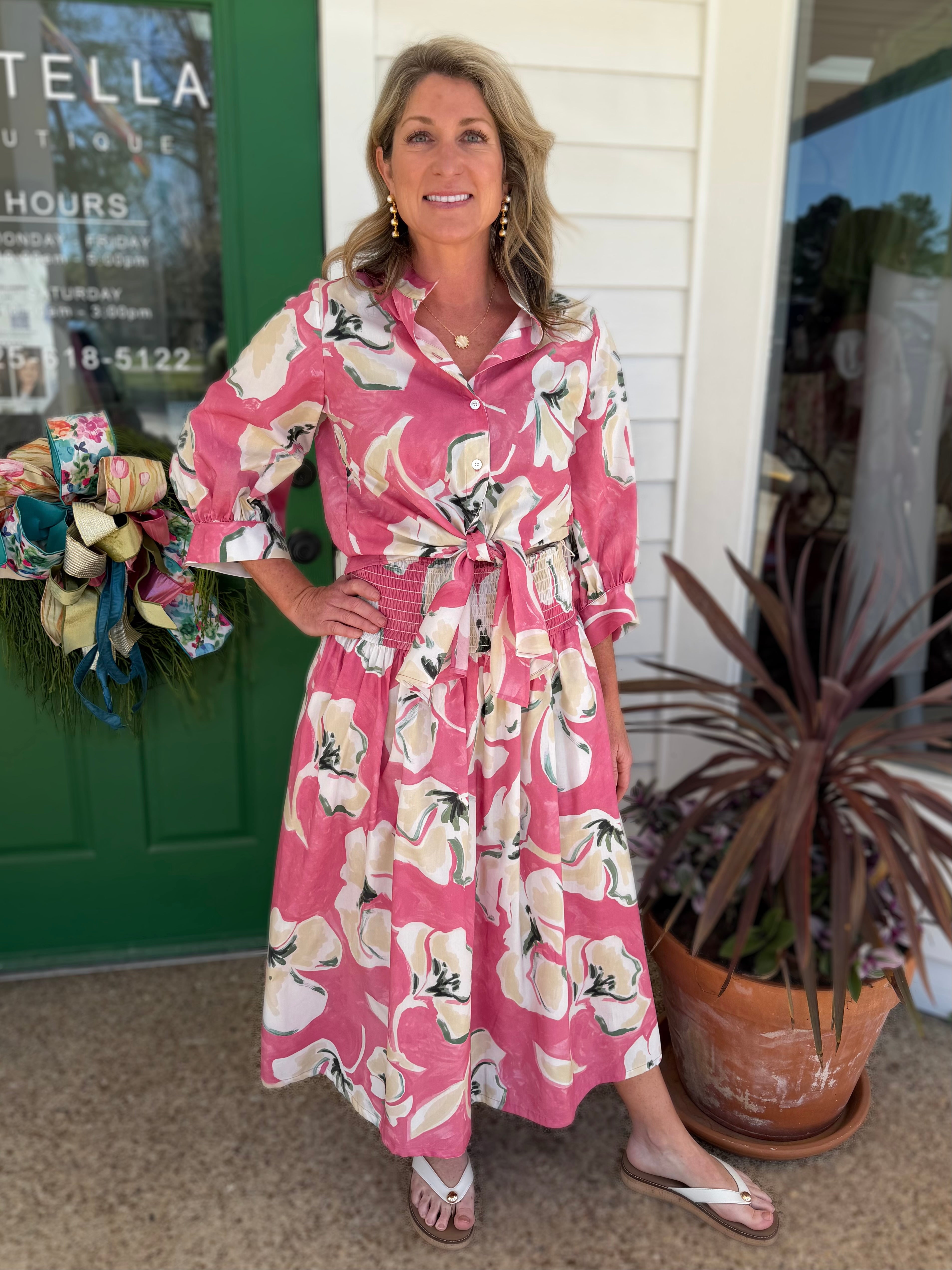PEONY PINK FLORAL PRINT SMOCKED WAIST RHEA MIDI SKIRT