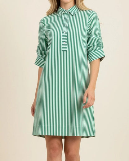GREEN/WHITE STRIPE COLLARED BUTTON UP GATHERED SLEEVE MINI DRESS
