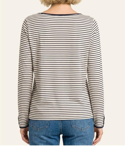 OFF WHITE/NAVY STRIPE WIDE NECK BUTTON CUFF LONG SLEEVE TOP