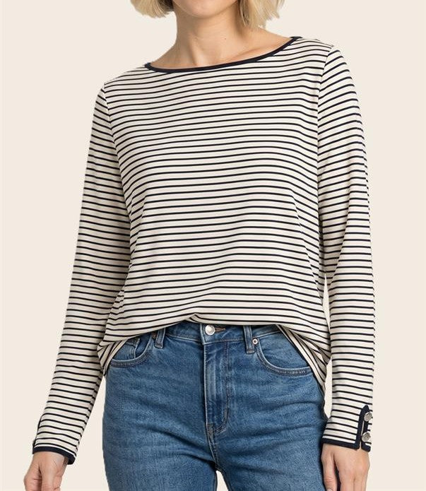 OFF WHITE/NAVY STRIPE WIDE NECK BUTTON CUFF LONG SLEEVE TOP