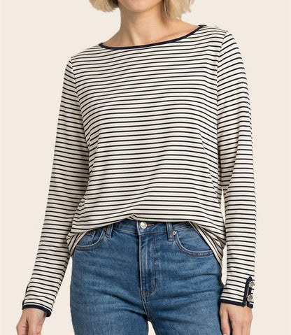 OFF WHITE/NAVY STRIPE WIDE NECK BUTTON CUFF LONG SLEEVE TOP