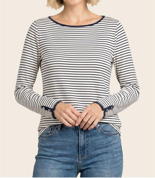 OFF WHITE/NAVY STRIPE WIDE NECK BUTTON CUFF LONG SLEEVE TOP