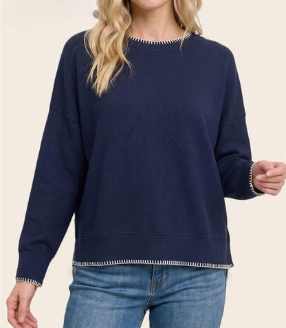 NAVY BLANKET STITCH RIBBED LONG SLEEVE PULLOVER TOP