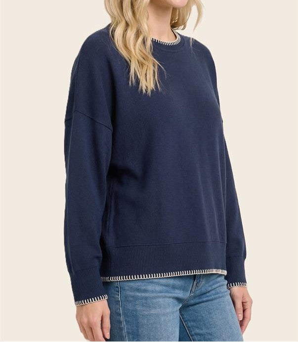 NAVY BLANKET STITCH RIBBED LONG SLEEVE PULLOVER TOP