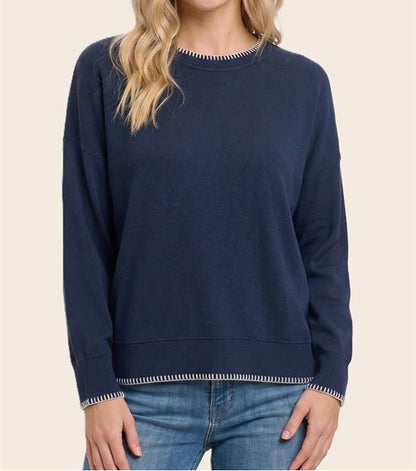 NAVY BLANKET STITCH RIBBED LONG SLEEVE PULLOVER TOP