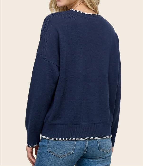 NAVY BLANKET STITCH RIBBED LONG SLEEVE PULLOVER TOP