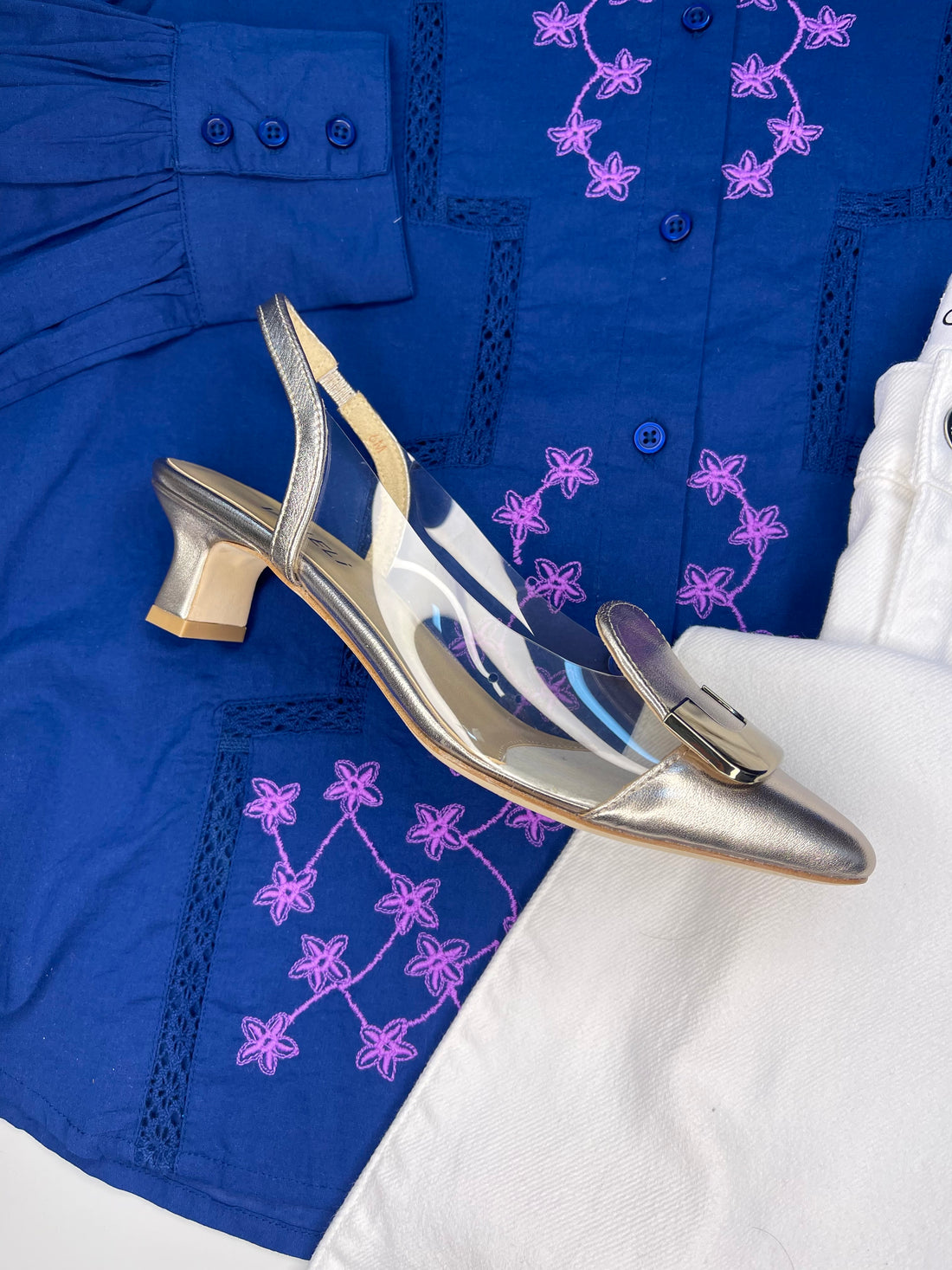 SHELL MERCURY/CLEAR POINTED TOE SLINGBACK KITTEN HEEL