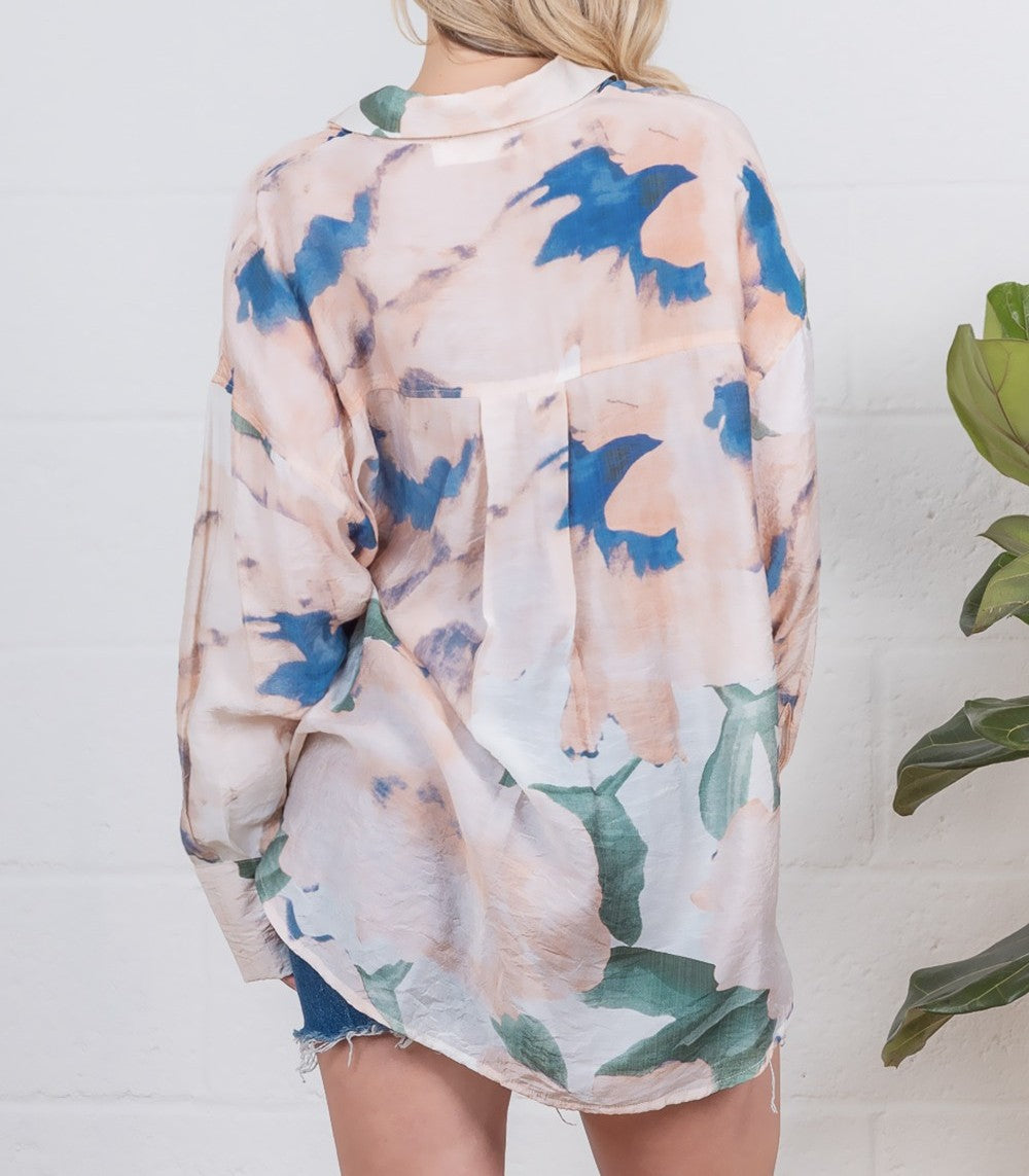 MULTI COLOR WATERCOLOR ABSTRACT PRINT LONG SLEEVE BUTTON UP TOP