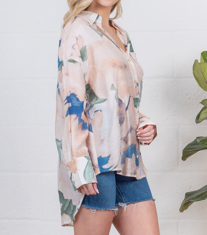 MULTI COLOR WATERCOLOR ABSTRACT PRINT LONG SLEEVE BUTTON UP TOP