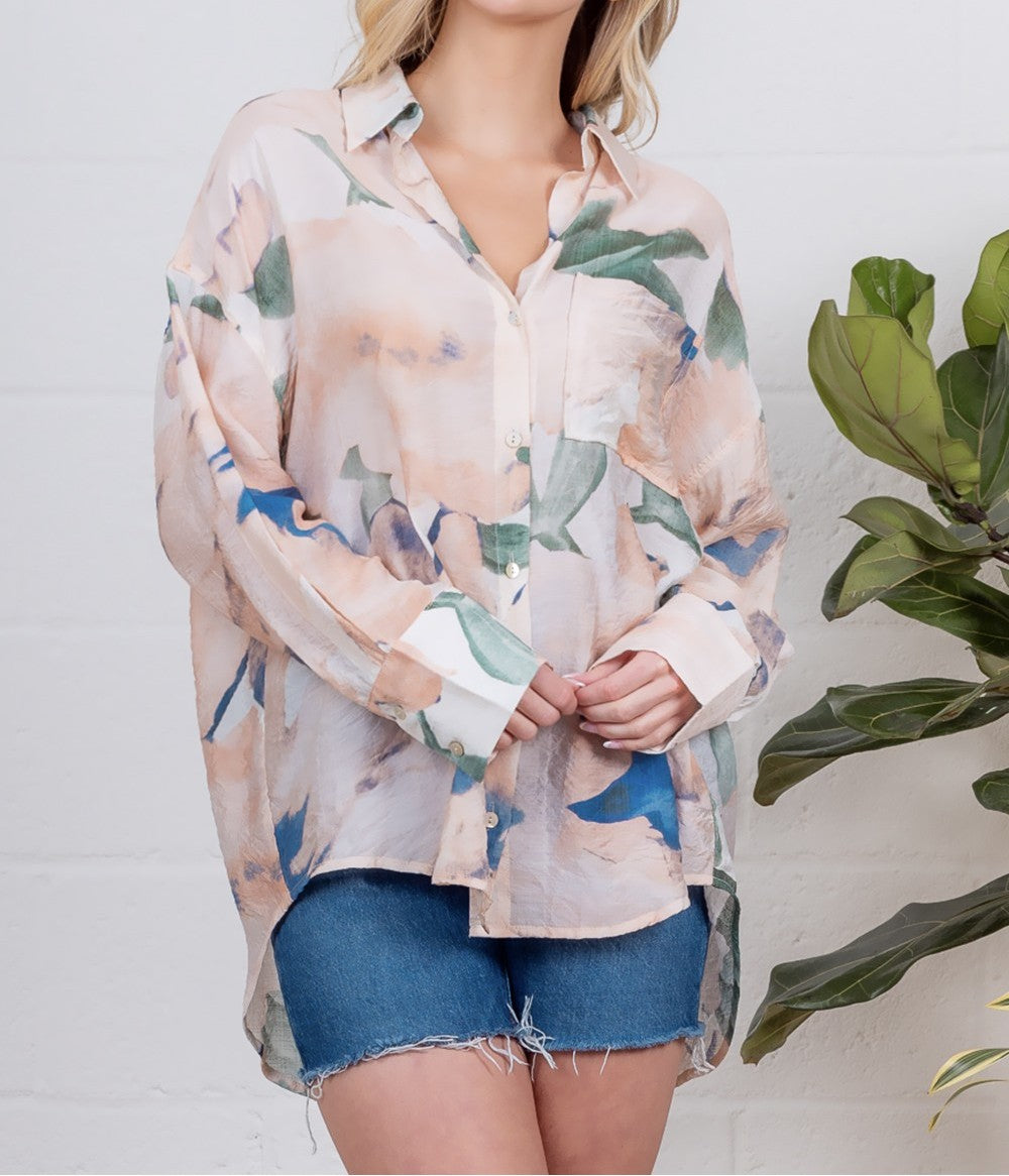 MULTI COLOR WATERCOLOR ABSTRACT PRINT LONG SLEEVE BUTTON UP TOP