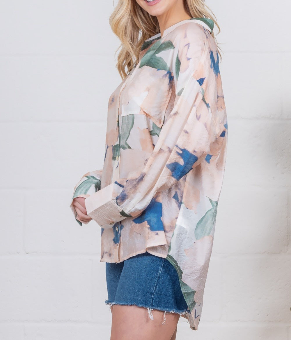 MULTI COLOR WATERCOLOR ABSTRACT PRINT LONG SLEEVE BUTTON UP TOP
