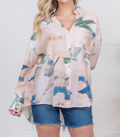 MULTI COLOR WATERCOLOR ABSTRACT PRINT LONG SLEEVE BUTTON UP TOP