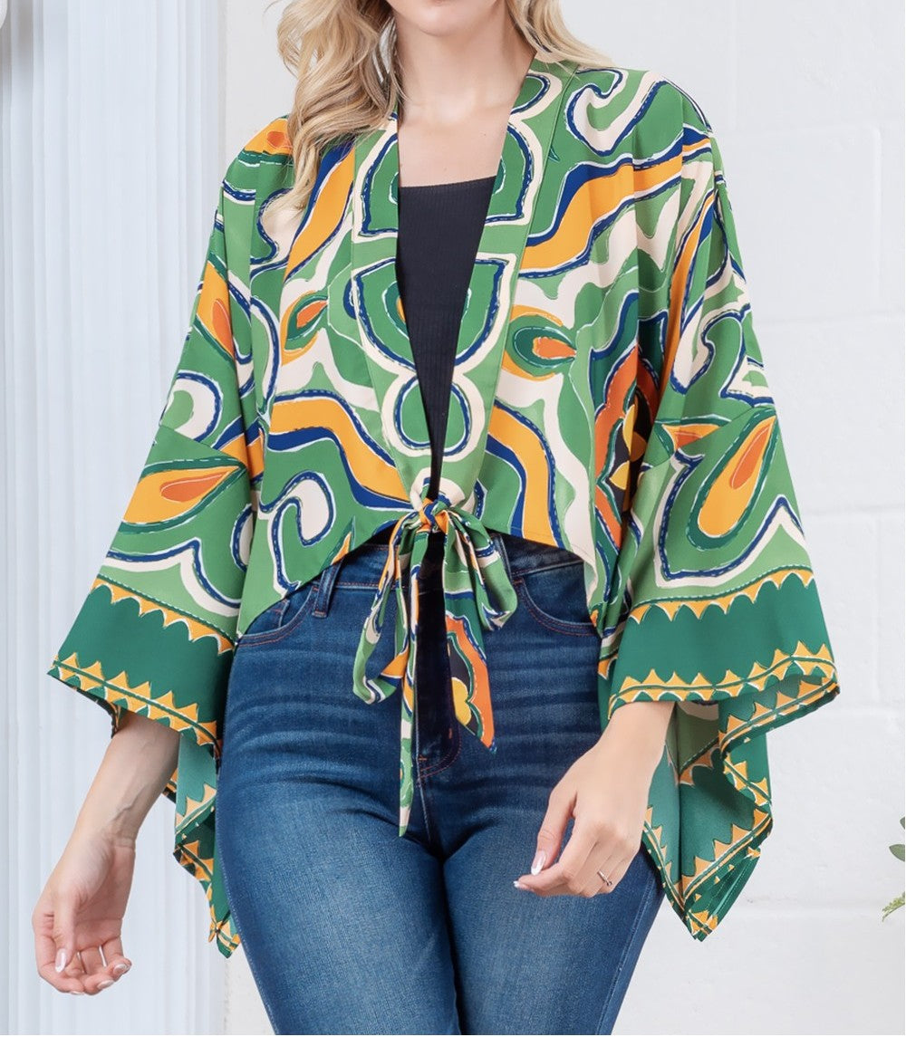 GREEN MULTI PRINTED V NECK FRONT TIE TOP