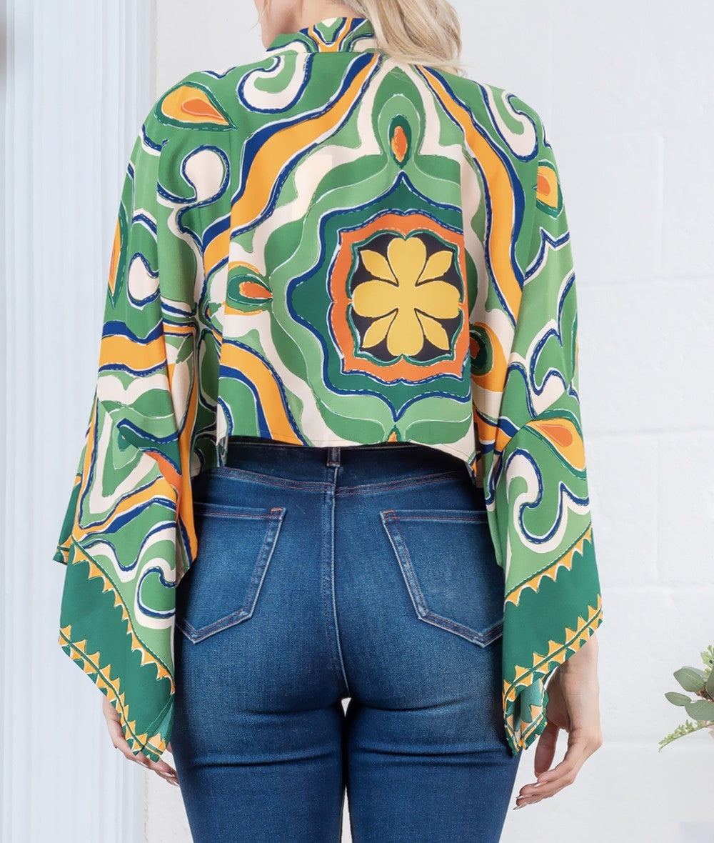 GREEN MULTI PRINTED V NECK FRONT TIE TOP