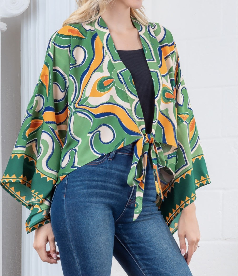 GREEN MULTI PRINTED V NECK FRONT TIE TOP