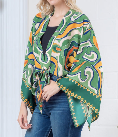 GREEN MULTI PRINTED V NECK FRONT TIE TOP