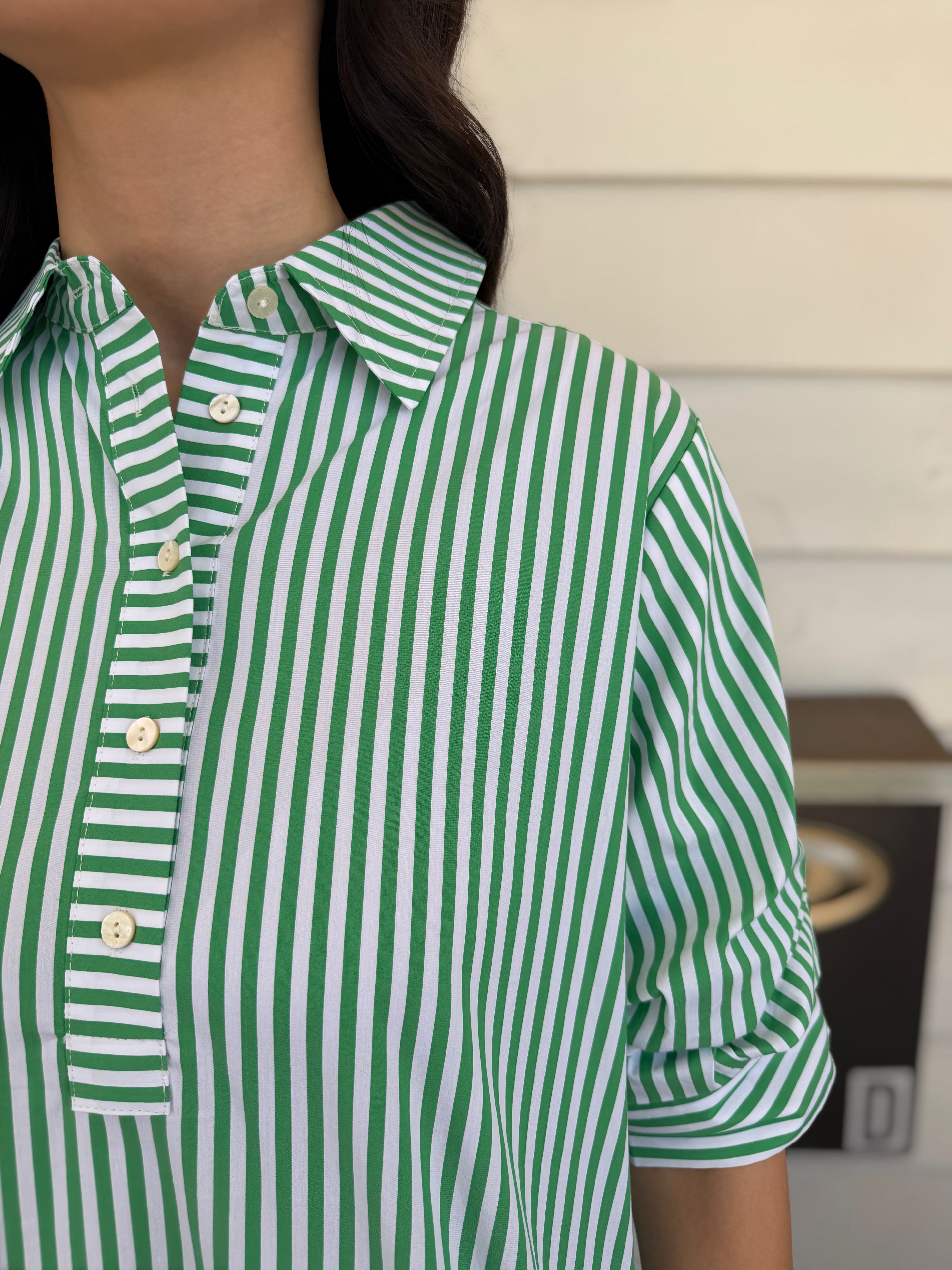 GREEN/WHITE STRIPE COLLARED BUTTON UP GATHERED SLEEVE MINI DRESS