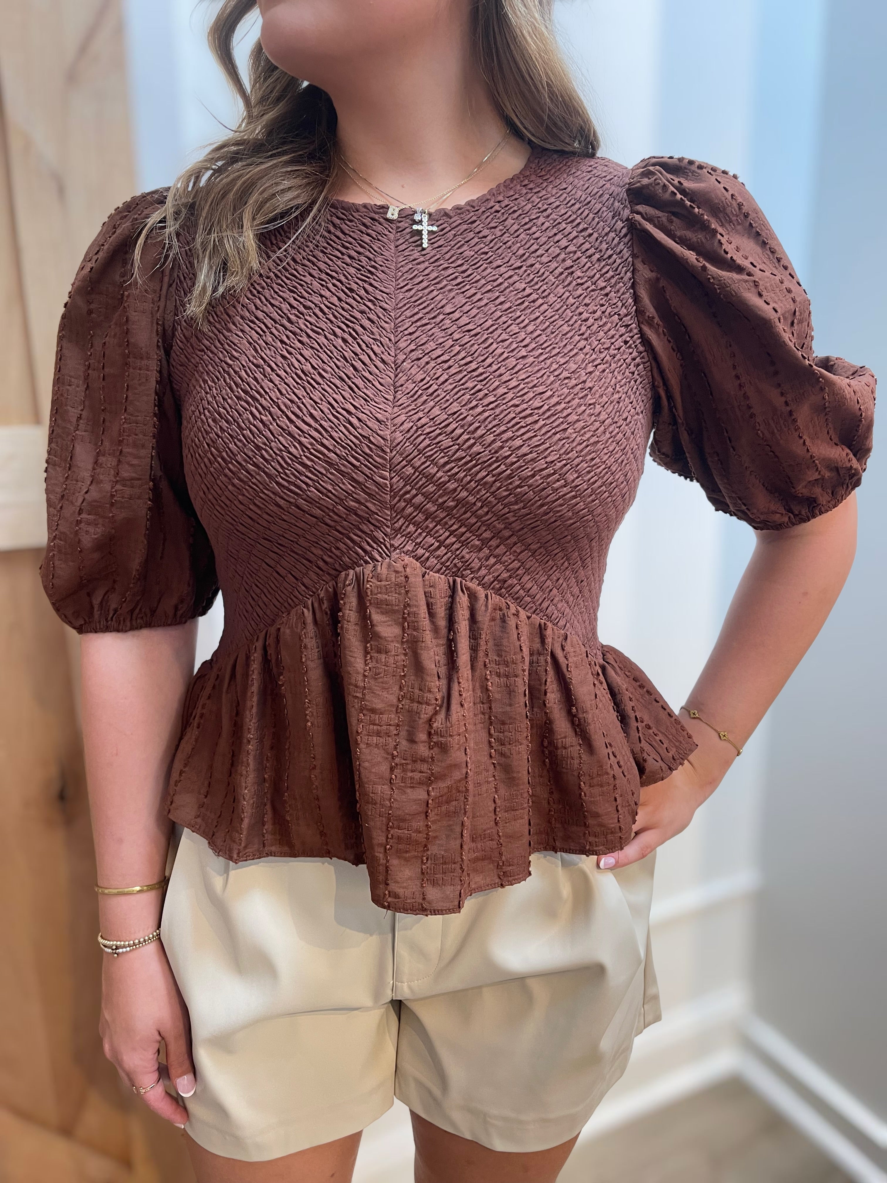 BROWN SMOCKED PEPLUM 3/4 PUFF SLEEVE ESRA TOP