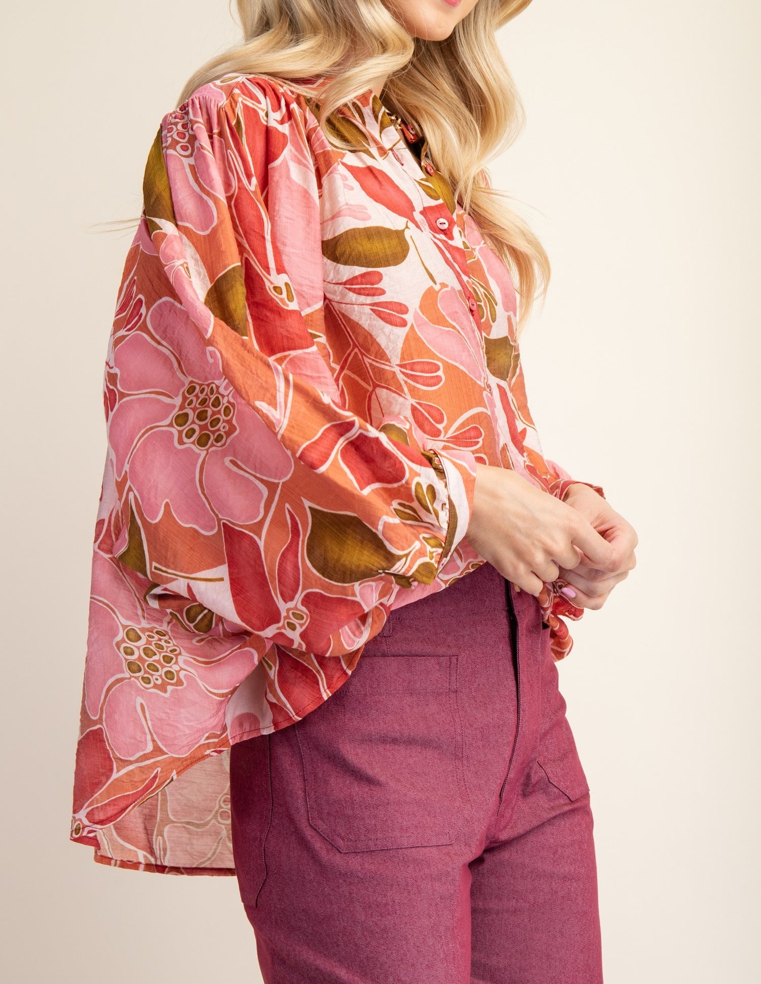 CORAL FLORAL PRINT BATWING LONG SLEEVE BLOUSE